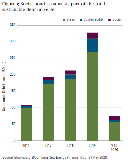Figure shows social bond issuance as a growing part of the total sustainable debt universe which includes green bonds, social bonds, and sustainability bonds that blend green and social factors. Sustainable debt issuance rose year-over-year from 2016 through 2019 and year-to-date issuance in 2020 as of 31 May 2020 is over $75 billion USD.